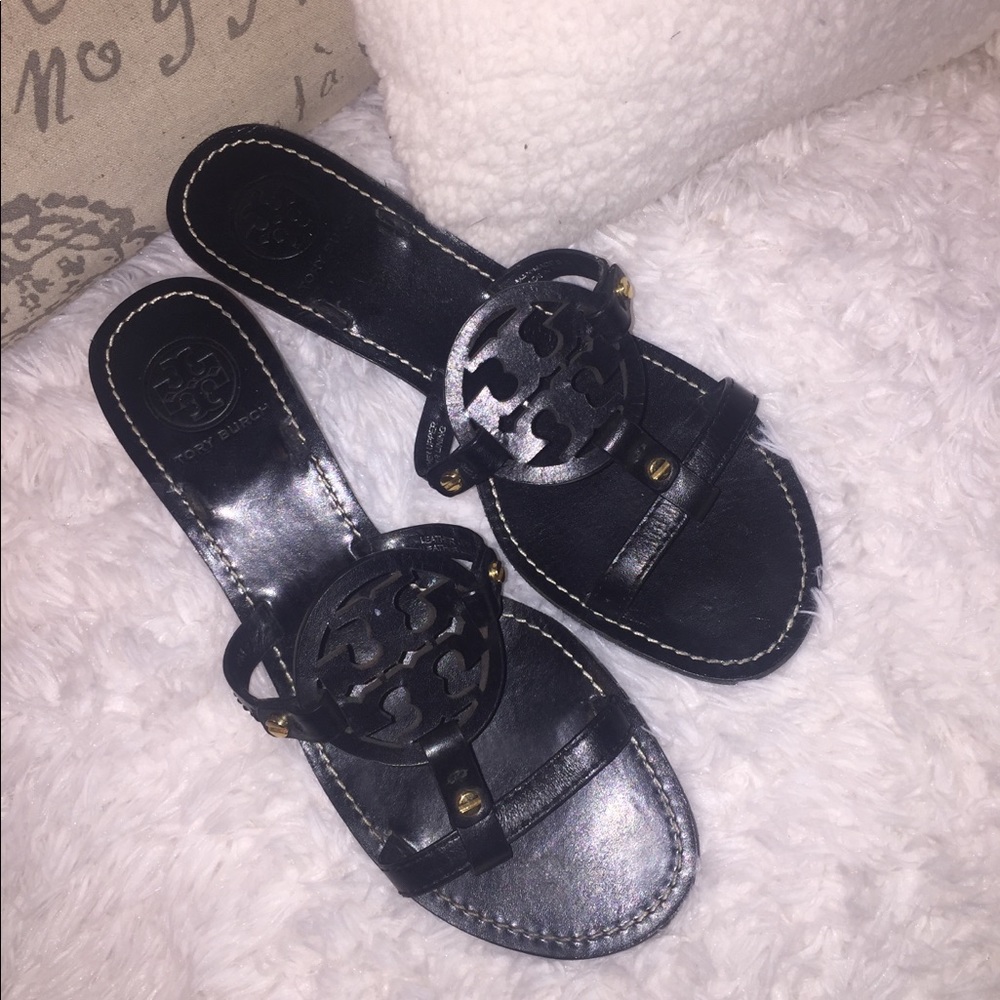 Tory Burch Black Leather Logo Thong Sandals
